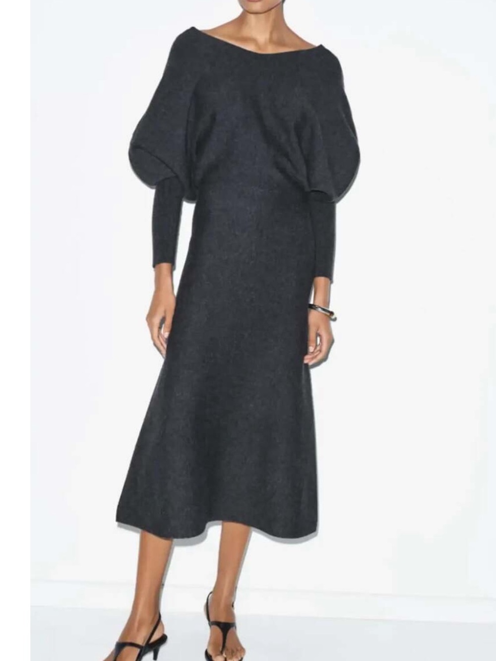 Zara Charcoal Balloon-Sleeve Knit Midi Dress